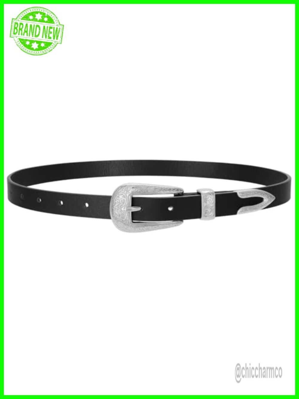 Western Skinny Vegan Leather Belt Carved Buckle Adjustable Waist Belt for Jeans